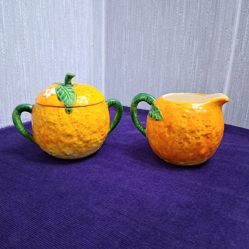 Vintage Maruhon Ware Orange Fruit Creamer And Sugar Bowl Set 1940s Japan - Picture 3 of 14